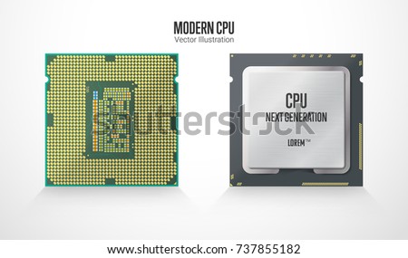 A modern computer processor. Front and back side. Realistic vector illustration isolated on white background.