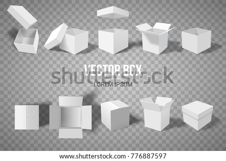 A set of open and closed boxes in different angles. Isometry in perspective. White cardboard box. Vector illustration.