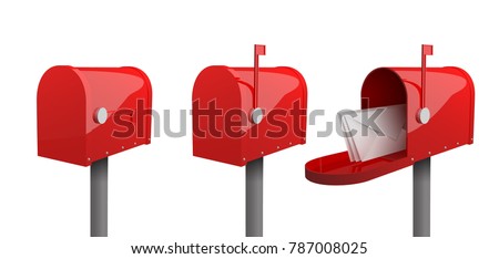 A set of mailboxes with a closed door, a raised flag, with an open door and letters inside. 3d illustration of red mailbox with envelope, isolated on white background. Realistic vector illustration.
