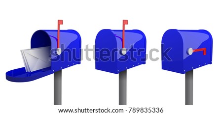 A set of mailboxes with a closed door, a raised flag, with an open door and letters inside. 3d illustration of blue mailbox with envelope, isolated on white background. Realistic vector illustration.