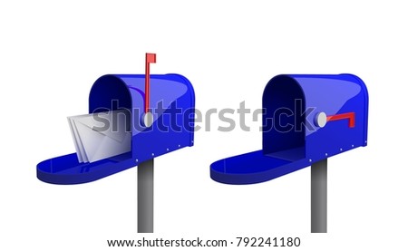 A set of mailboxes with a closed door, a raised flag, with an open door and letters inside. 3d illustration of blue mailbox with envelope, isolated on white background. Realistic vector illustration.