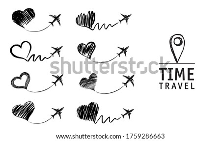 Time Travel. The plane drew a heart. Hand drawn illustrations.