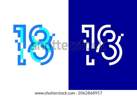 Number 18 digital logo. Numbers design with technology concept. Line logo and pixel