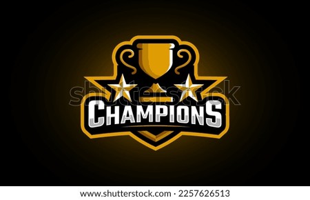 Champions trophy logo. Emblem with shield, star and modern style. Badge for tournament, championship, and competition