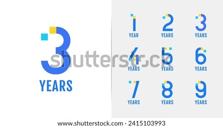 Set of modern anniversary logo design. 1, 2, 3, 4, 5, 6, 7, 8, 9, birthday symbol with technology concept. Digital number collections