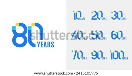 Set of modern anniversary logo design. 10, 20, 30, 40, 50, 60, 70, 80, 90, 100, birthday symbol with technology concept. Digital number collections