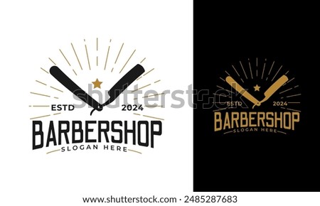 Razor logo design. Barbershop symbol with lettering and shine concept. Retro haircut vector icon