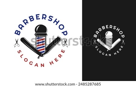 Barbershop badge logo design. Barber symbol with pole and razor concept. Haircut salon vector