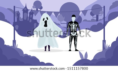 People design with 2 character using Halloween costume, the Ghost and the Skeleton Man. Recommended for desktop wallpaper, landing page, banner, or brochure.