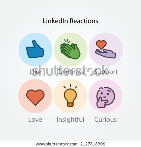 Six LinkedIn reactions for advertising and social media posts. Vectors of reaction icons of including Like, Celebrate, Support, Love, Insightful and Curious. 