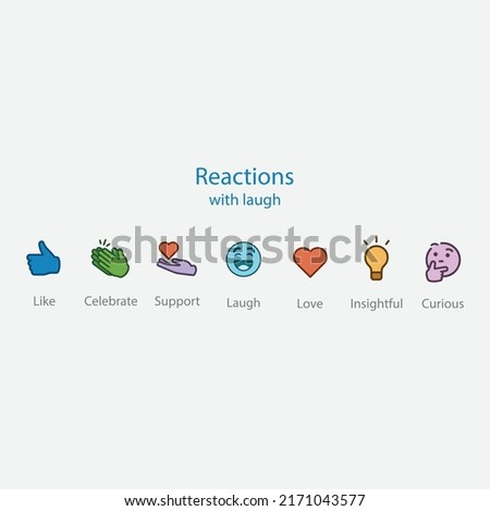 Seven LinkedIn reactions for advertising and social media posts. Vectors of reaction icons of including Like, Celebrate, Support, Laugh, Love, Insightful and Curious. There is a new reaction of Laugh.