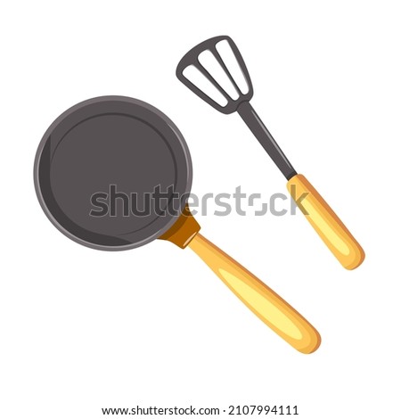 Frying pan and spatula with wooden handles. Kitchen utensils. Vector illustration. Dishes for cooking. Foto stock © 