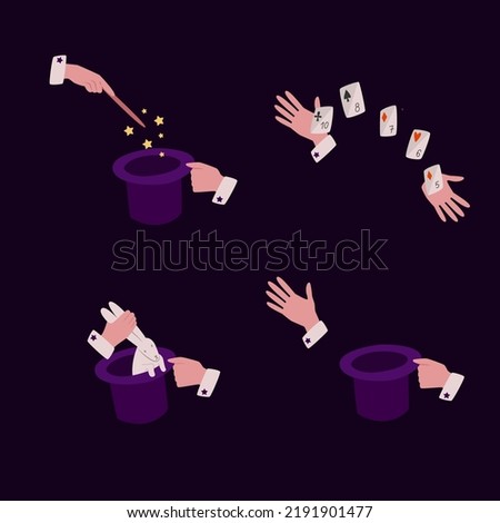 A set of illustrations with hands showing magic tricks. Hands take out a rabbit from a hat, a card trick, a magic wand. Vector elements isolated on a dark background. ストックフォト © 