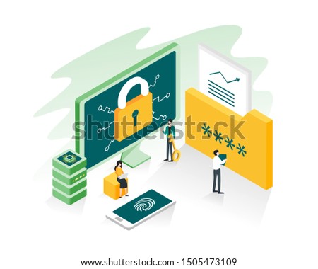 Data protection, privacy, data security and internet security concept in isometric