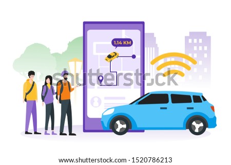 People using smartphone app to order taxi cab. Car sharing service, online taxi, rent car, mobile city transportation concept