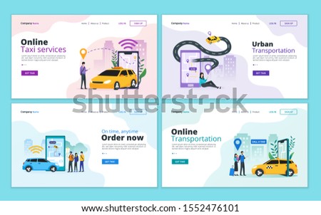 Set of web page design template for online taxi, car sharing service, mobile city transportation. Illustration for website and mobile website development