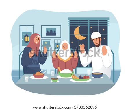 Muslim family praying before having iftar. Ramadan kareem flat cartoon character illustration
