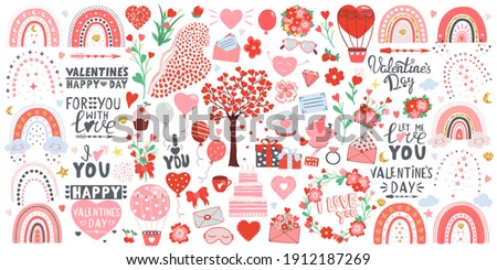 Valentine`s Day hand drawn set of flowers, rainbows, hot air balloons, hearts, envelopes, gifts, glass ball, tree, cupcake, bird, glasses, woman silhouette, fruits, stars. Illustration of lettering