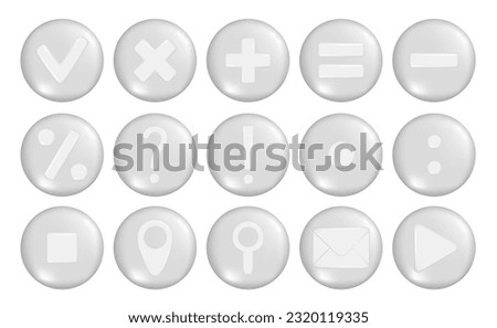 Set of realistic gray 3d mathematical symbol, location, mail envelope, search location, gps pointer marker, exclamation, question, percent, attention or caution icon, play, check sign on round shape