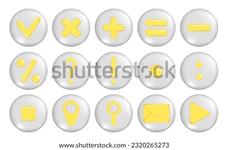 Set of realistic 3d mathematical symbol, location, mail envelope, search location, gps pointer marker, exclamation, question, percent, attention or caution icon, play and check sign on round shape. 