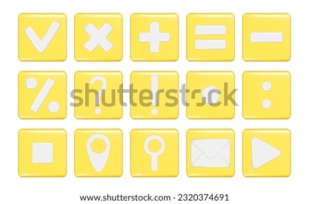 Realistic 3d mathematical symbol, location, mail envelope, search location, gps pointer marker, exclamation, question, percent, attention or caution icon, play and check sign on rounded square shape.