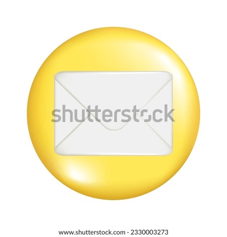 Realistic 3d yellow round sphere shape with closed mail envelope. Decorative circle button icon, spherical symbol, mail icon, postal element. Abstract vector illustration isolated on white background