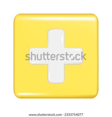 Realistic 3d yellow square shape with plus sign. Decorative square button icon, button symbol with education maths element. Abstract vector illustration isolated on white background