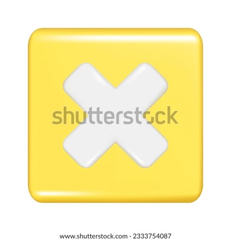 Realistic 3d yellow square shape with multiply or cross sign. Decorative square button icon, button symbol with education maths element. Abstract vector illustration isolated on white background