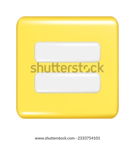 Realistic 3d yellow square shape with equal sign. Decorative square button icon, button symbol with education maths element. Abstract vector illustration isolated on white background
