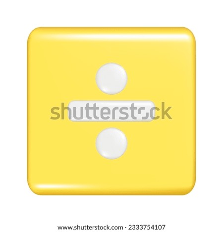 Realistic 3d yellow square shape with division sign. Decorative square button icon, button symbol with education maths element. Abstract vector illustration isolated on white background