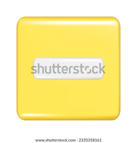 Realistic 3d yellow square shape with minus sign. Decorative square button icon, button symbol with education maths element. Abstract vector illustration isolated on white background