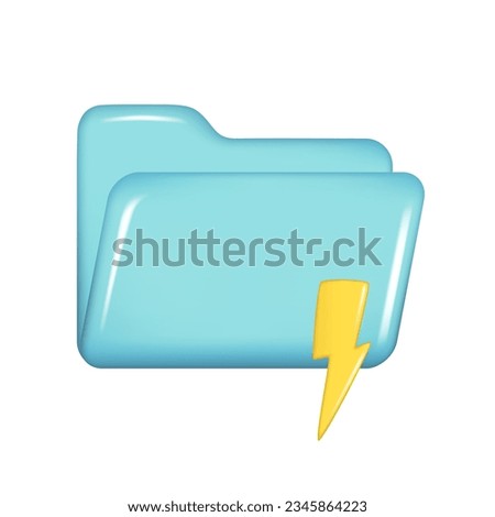 Realistic 3d blue folder with lightning. Decorative 3d management, opened file element, web symbol, paper icon, archive sign. Vector illustration isolated on white background