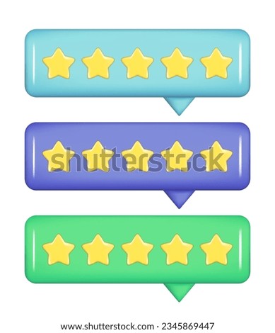 Realistic 3d notification tooltip UI with 5 golden stars. Customer 3d quality reviews, user rating, feedback score, glossy speech bubble icon. Vector illustration isolated on white background