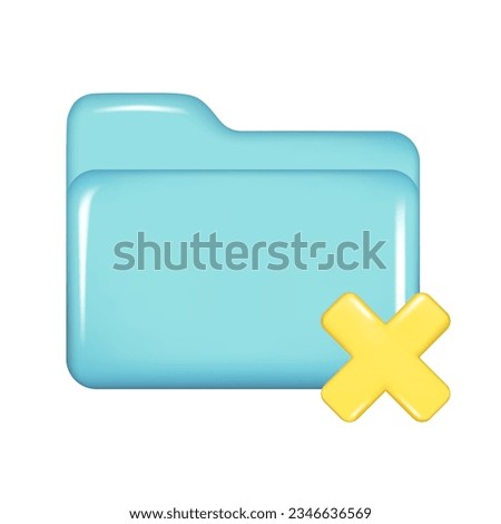 Realistic 3d blue folder yellow cross sign. Decorative 3d management, reject or wrong file element, web incorrect symbol, delete icon, archive sign. Vector illustration isolated on white background