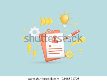 Realistic 3d clipboard, personal document, pen, light bulb, arrow, settings icon. Glossy 3d contract job application, hr symbol, recruitment, resume. Vector illustration isolated on white background