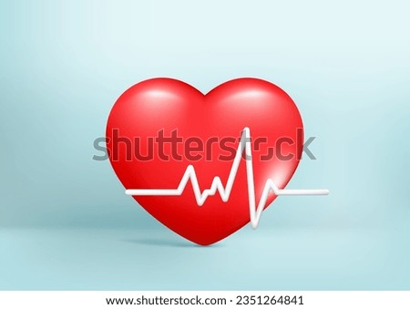 Realistic 3d red glossy heart with white pulse line, heartbeat. Cartoon 3d cardiogram, cardio sign, diagnostic health, pulse beat measure, medical healthcare. Vector illustration on blue background