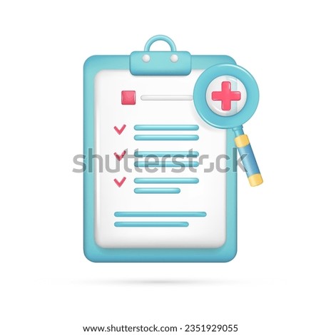 Realistic 3d clipboard, personal document, magnifying glass. Glossy 3d searching file in database, marketing, analytics, checklist, plus add icon. Vector illustration isolated on white background