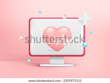 Realistic 3d computer monitor, heart, pulse line, heartbeat, plus sign. 3d cardiogram, cardio sign, diagnostic health, pulse beat measure, medical healthcare. Vector illustration on pink background