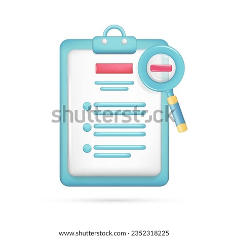 Realistic 3d clipboard, personal document, magnifying glass. Glossy 3d searching file in database, marketing, analytics, checklist, minus wrong icon. Vector illustration isolated on white background