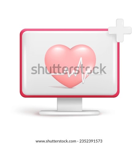 Realistic 3d computer monitor, heart, pulse line, heartbeat. 3d cardiogram, cardio sign, diagnostic health, pulse beat measure, medical healthcare. Vector illustration isolated on white background