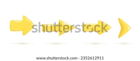 Set of realistic 3d yellow glossy arrows. Different shape of pointer 3d icon. Cartoon collection of pointer arrow. Abstract vector illustration isolated on white background