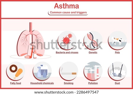 Vector illustrations infographic.human lungs with inhaler and common cause and triggers of asthma,pollution,pets,fatty food,dust,smoking,genetic.flat style.