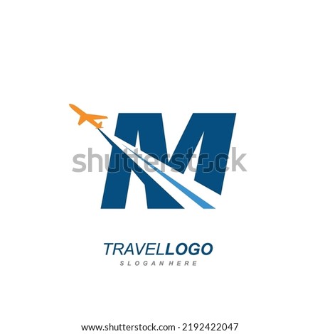 letter M with plane logo vector template. logo for travel label, tourism, journey posters, airways identity, and tech transportation