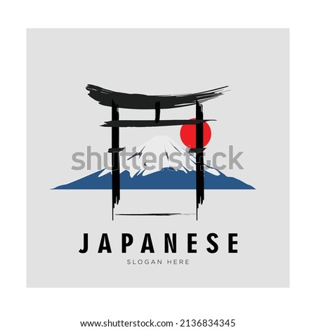 Simple symbol design of Torii gate and Fuji mountain with brush style.