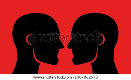 Face off (face-off), rivalry and competition between two men. Masculine males with muscular jawline and looking into faces - close physical contact, challenge to rival and competitor