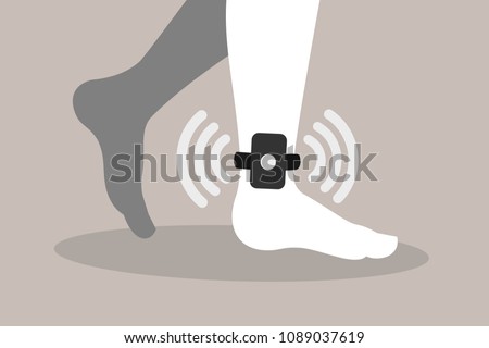 Home arrest - criminal, convict and prisoner is monitored by electronic and technologic device on the ankle and foot. Altenative punishment and sentencing. Vector illustration.