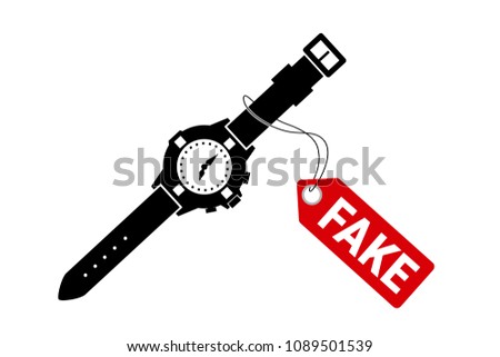 Fake and counterfeit luxurious watch. Illegal copy of original branded wristwatch is sold by seller in the shop and retail. Cheap replica and imitation of product. Vector illustration