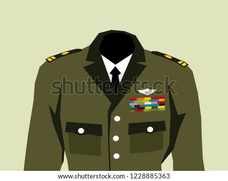 Military uniform with high officer rank insignia - elegant khaki clothes and hierarchy in the army. Vector illustration