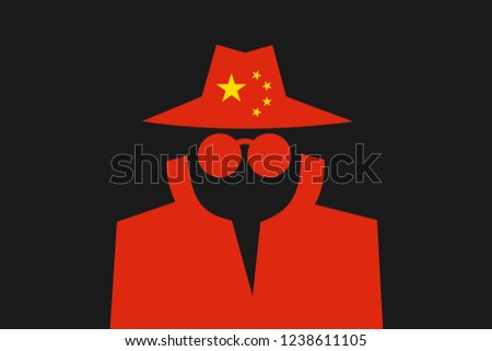 Chinese spy is doing espionage - surveillance and control made by China. Intelliegence agency and secret police in the country. Vector illustration