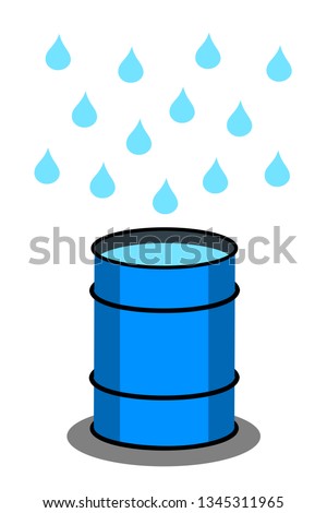 Rain barrel for rainwater harvesting during rain - tank for drop and droplet of falling water. Vector illustration